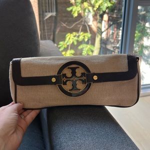Tory Burch clutch in tan with brown leather trim and gold accents